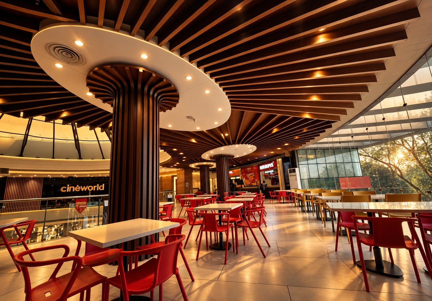 The second-floor food court: red chairs under a radiating timber ceiling, with CineWorld across the atrium and tall glass looking out over the trees